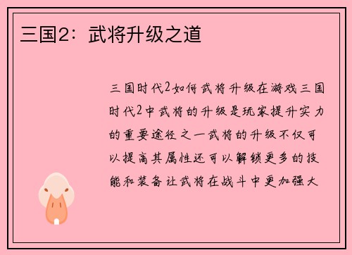 三国2：武将升级之道