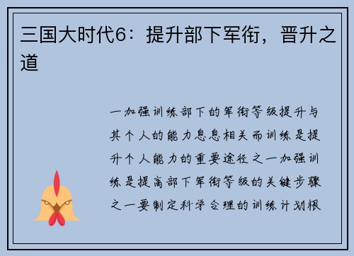 三国大时代6：提升部下军衔，晋升之道