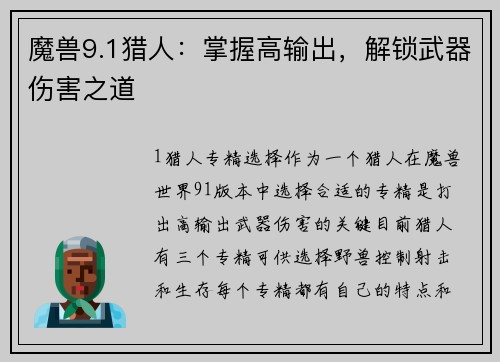 魔兽9.1猎人：掌握高输出，解锁武器伤害之道